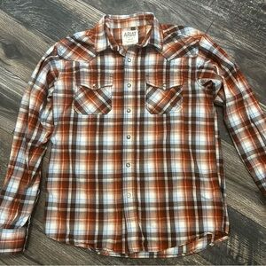 Ariat Men's Medium Pearl Snap Brown Rust Plaid Shirt Long Sleeve
